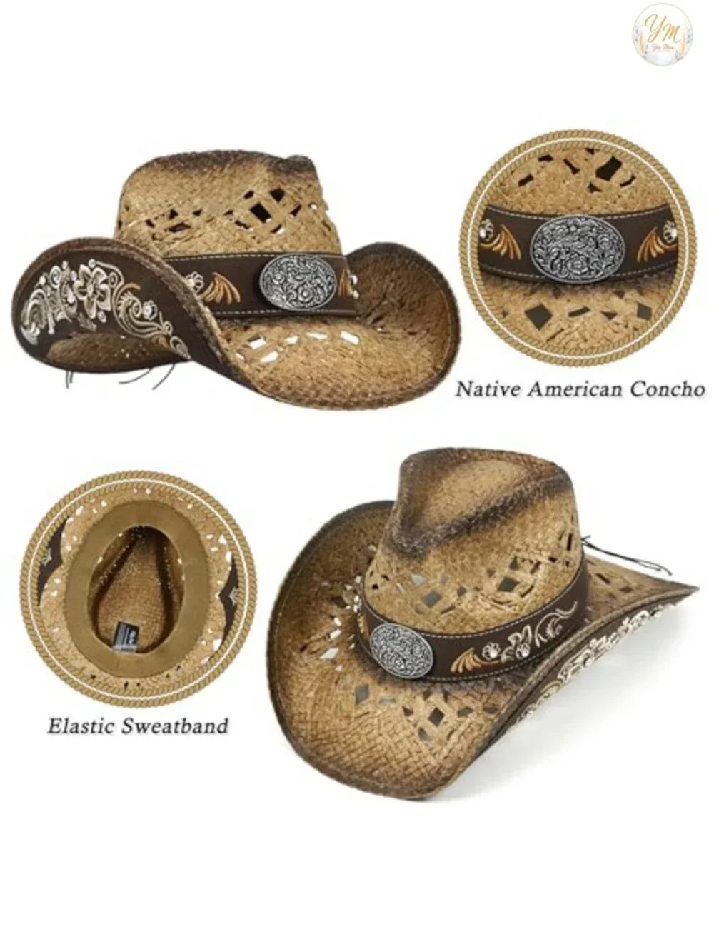 Embroidered Straw Cowboy Hat for Women Men Western Cowgirl